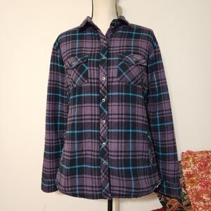 Kuhl Purple Plaid Flannel Snap Jacket Fleece Poly Sherpa Campcore Hiking Grunge